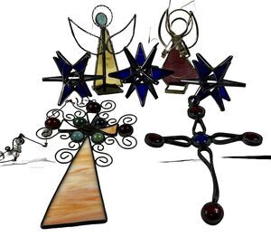 Set of 7 Stained Glass Cobalt Blue Snowflake Ornaments 4 Handmade Angel &Crosses